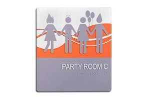 A metal ADA sign that says party room.