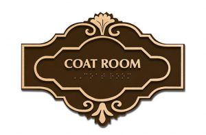 A coat room ADA sign on a white background.