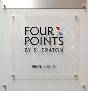 Four Points by Sheraton lobby logo sign.