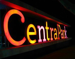 A neon sign that says " centrapark ".
